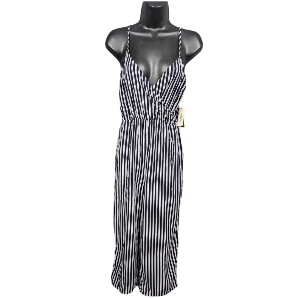 Garage Navy Blue Striped Wrap Jumpsuit - Picture 3 of 10